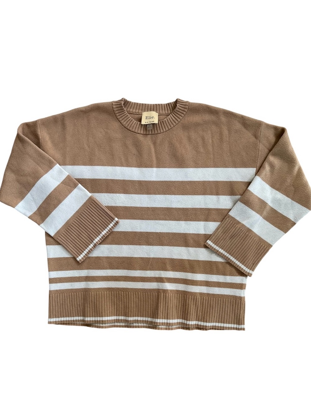 Elie Tahari Camel White Striped Boxy Oversized Cozy Thick Fall Crewneck Sweater